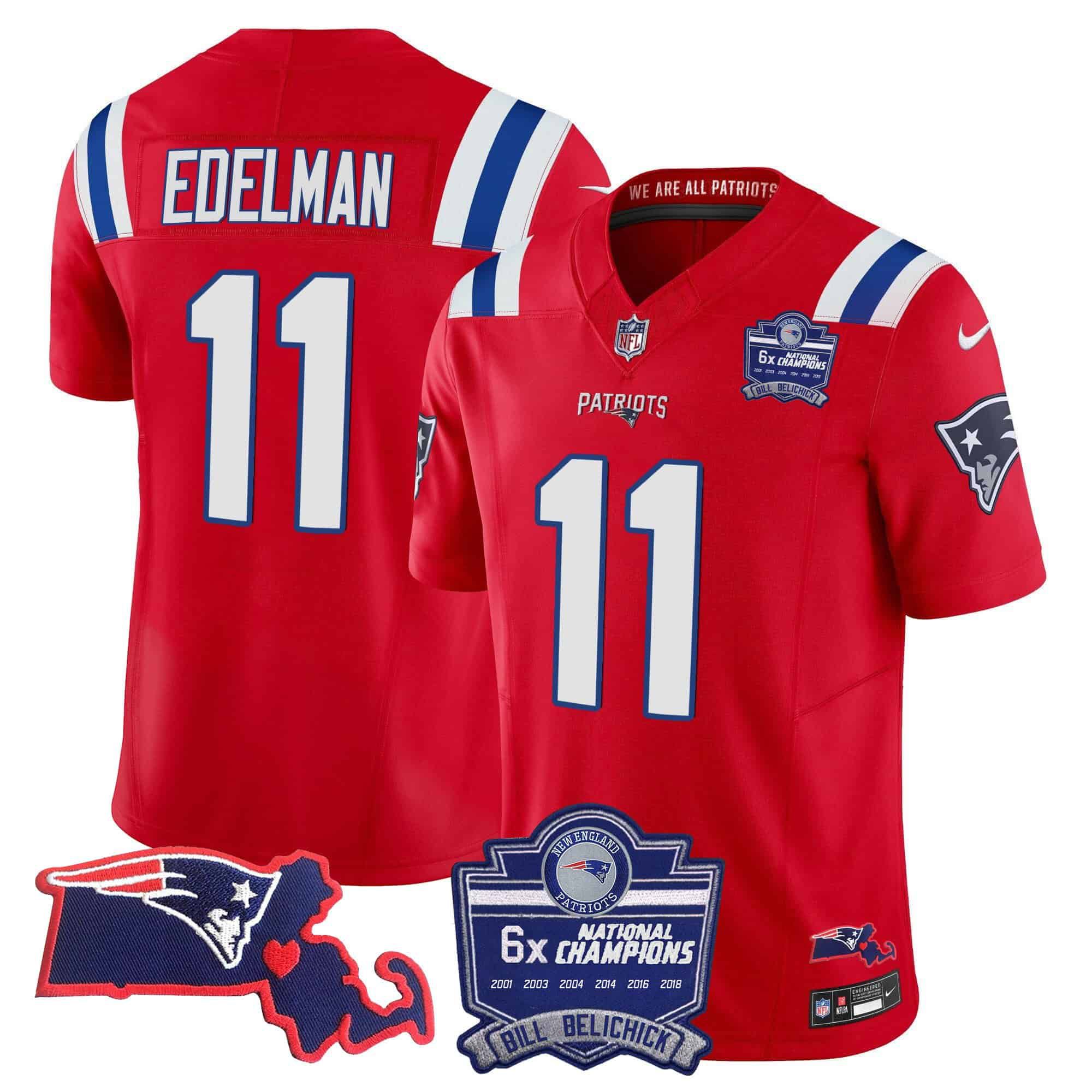 Men New England Patriots 11 Edelman Red 2024 Nike 6x Champions Patch Vapor Limited NFL Jersey